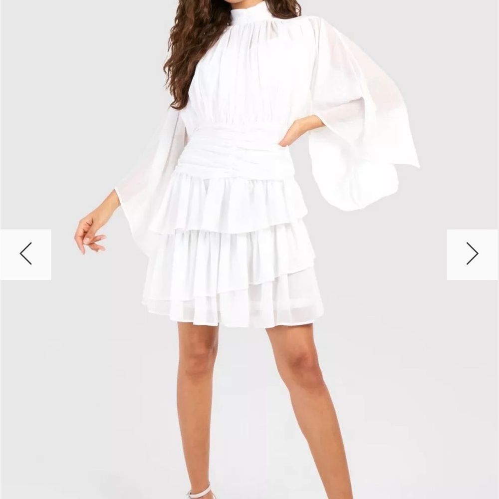 Boohoo White Ruffled Tiered Long Sleeve Dress